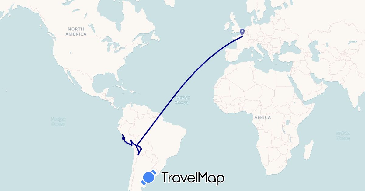 TravelMap itinerary: driving in Bolivia, France, Peru (Europe, South America)